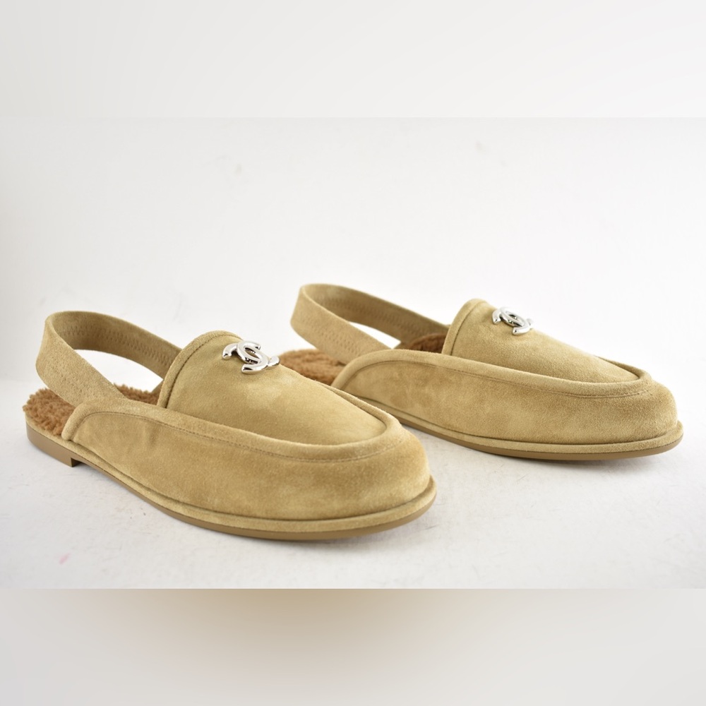 Chanel Dark Beige Suede Shearling CC Moccasin Ballet Slingback Loafer Flat 41 - Picture 4 of 16